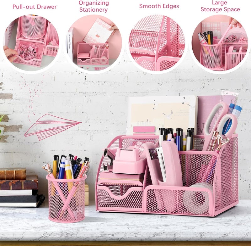 Fayoo 11 Pcs Pink Office Supplies Set Mesh Desk Organizer Accessories Kit include Stapler Tape Dispenser Staple Remover Clips Ruler Scissors Sticky Notes for Office School Home Women (Pink) - Image 5